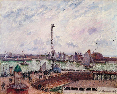 The Pilots Jetty, Le Havre Black Ornate Wood Framed Art Print with Double Matting by Pissarro, Camille