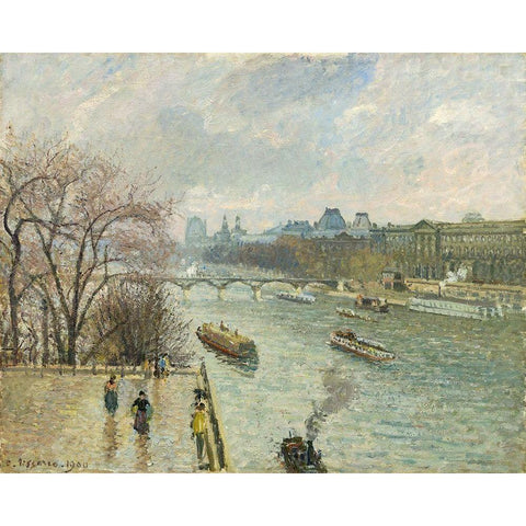 The Louvre, Afternoon, Rainy Weather Black Modern Wood Framed Art Print with Double Matting by Pissarro, Camille