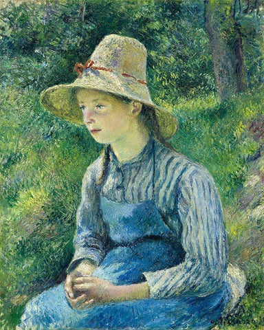 Peasant Girl with a Straw Hat Black Ornate Wood Framed Art Print with Double Matting by Pissarro, Camille