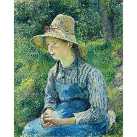 Peasant Girl with a Straw Hat Black Modern Wood Framed Art Print with Double Matting by Pissarro, Camille