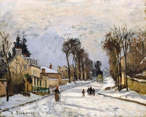 Road to Versailles at Louveciennes. The Snow Effect Black Ornate Wood Framed Art Print with Double Matting by Pissarro, Camille