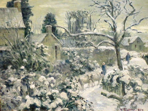 Snowscape with Cows at Montfoucault White Modern Wood Framed Art Print with Double Matting by Pissarro, Camille