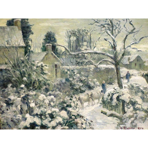 Snowscape with Cows at Montfoucault White Modern Wood Framed Art Print by Pissarro, Camille