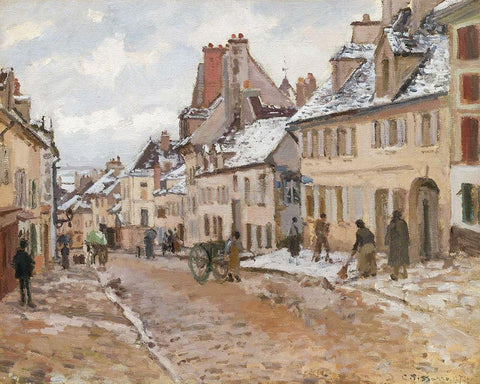 Pontoise, the Road to Gisors in Winter White Modern Wood Framed Art Print with Double Matting by Pissarro, Camille