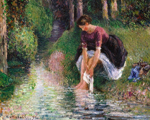 Woman Washing Her Feet in a Brook Black Ornate Wood Framed Art Print with Double Matting by Pissarro, Camille