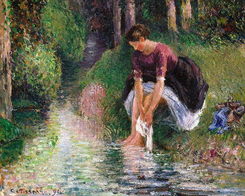 Woman Washing Her Feet in a Brook White Modern Wood Framed Art Print with Double Matting by Pissarro, Camille