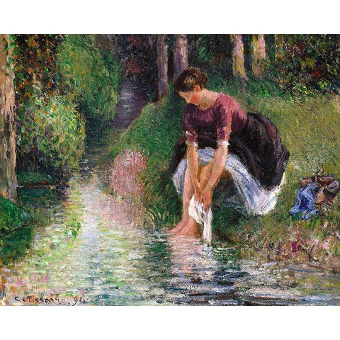 Woman Washing Her Feet in a Brook Black Modern Wood Framed Art Print with Double Matting by Pissarro, Camille