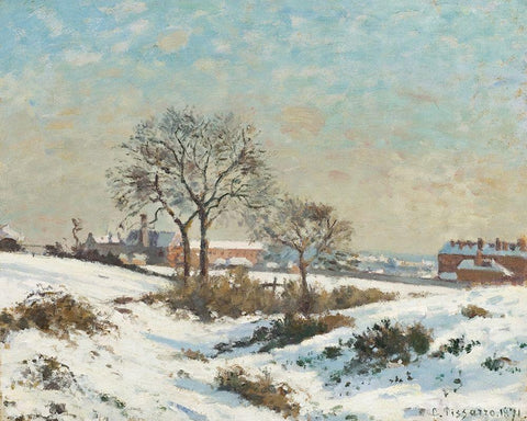 Snowy Landscape at South Norwood White Modern Wood Framed Art Print with Double Matting by Pissarro, Camille
