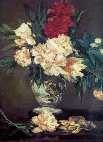 Vase of Peonies Black Ornate Wood Framed Art Print with Double Matting by Manet, Edouard