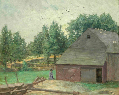 Summer in Connecticut. The Old Barn at Branchville Black Ornate Wood Framed Art Print with Double Matting by Weir, J Alden