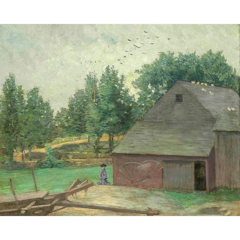 Summer in Connecticut. The Old Barn at Branchville Gold Ornate Wood Framed Art Print with Double Matting by Weir, J Alden