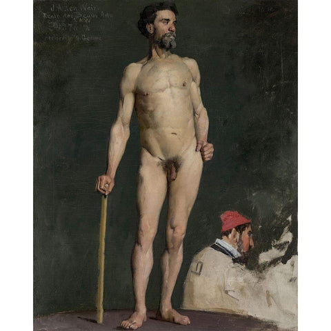 Study of a Male Nude Leaning on aÂ Staff White Modern Wood Framed Art Print by Weir, J Alden