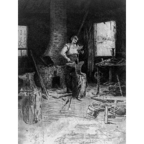 The blacksmiths shop Gold Ornate Wood Framed Art Print with Double Matting by Weir, J Alden