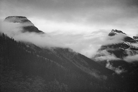 Mountain partially covered with clouds-Glacier National Park-Montana White Modern Wood Framed Art Print with Double Matting by Adams, Ansel