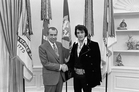 Elvis Presley meeting Richard Nixon Black Ornate Wood Framed Art Print with Double Matting by Atkins, Ollie