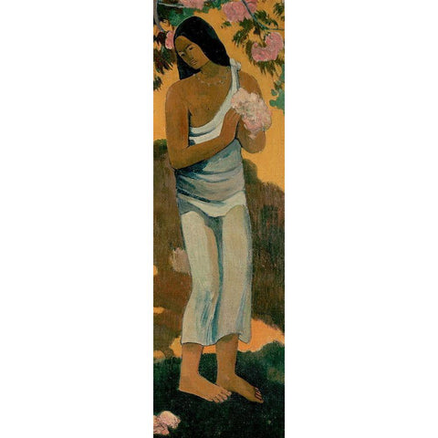 Tahitian Woman With Blossom  White Modern Wood Framed Art Print by Gauguin, Paul