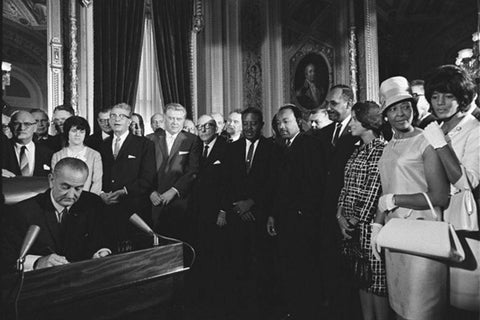 President Lyndon Johnson Signs the Voting Rights Act 1965 White Modern Wood Framed Art Print with Double Matting by U.S. Archives