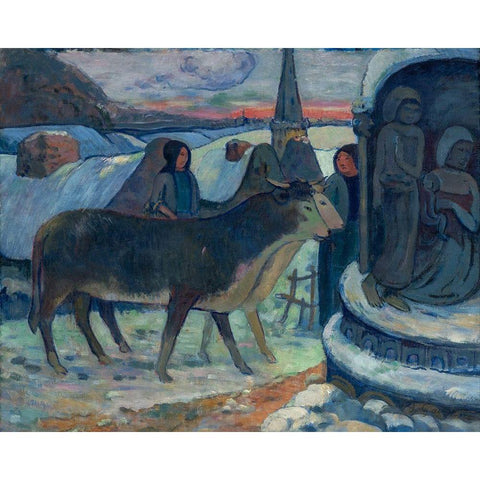 Christmas Night, The Blessing of the Oxen Gold Ornate Wood Framed Art Print with Double Matting by Gauguin, Paul