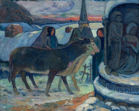 Christmas Night, The Blessing of the Oxen Black Ornate Wood Framed Art Print with Double Matting by Gauguin, Paul