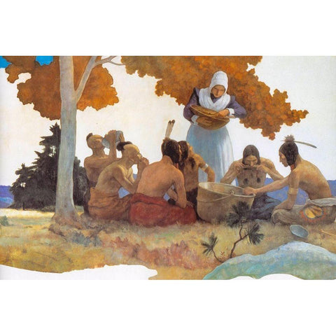 Thanksgiving with Indians Detail White Modern Wood Framed Art Print by Wyeth, NC