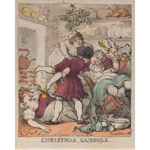 Christmas Gambols Gold Ornate Wood Framed Art Print with Double Matting by Rowlandson, Thomas