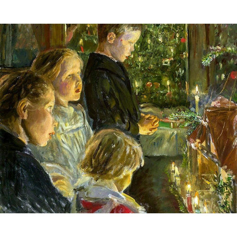 Children by the Christmas tree White Modern Wood Framed Art Print by Kalckreuth, Leopold Graf von