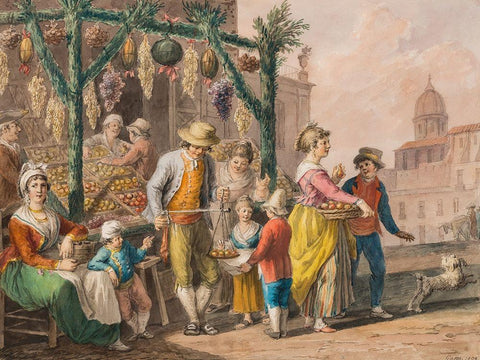 A fruit stall in Naples at Christmas, 1828 Black Ornate Wood Framed Art Print with Double Matting by Smithsonian Design Museum