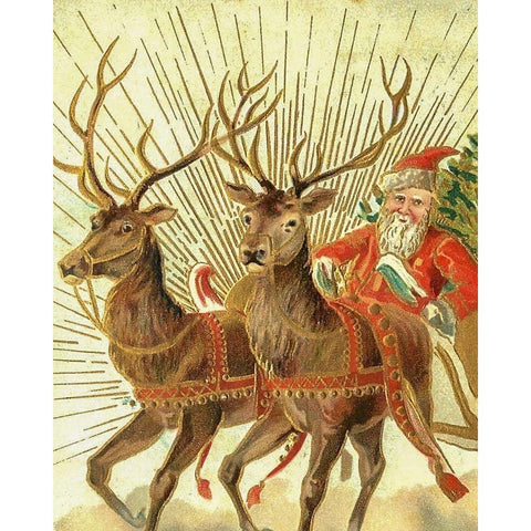 Christmas postcard of Santa Claus and his reindeer Black Modern Wood Framed Art Print with Double Matting by Souvenir Post Card Company, New York