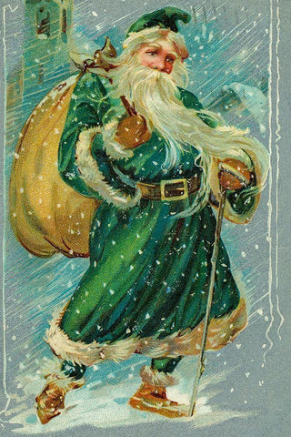 Christmas postcard with Santa Claus wearing green robes Black Ornate Wood Framed Art Print with Double Matting by Missouri History Museum