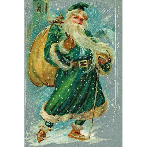 Christmas postcard with Santa Claus wearing green robes White Modern Wood Framed Art Print by Missouri History Museum