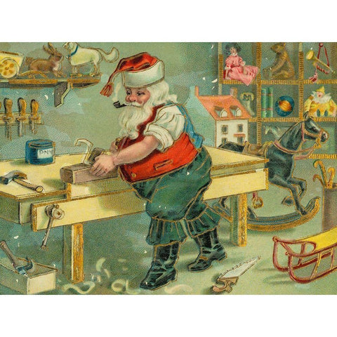 Santa Claus in workshop making toys Gold Ornate Wood Framed Art Print with Double Matting by Missouri History Museum