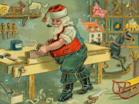 Santa Claus in workshop making toys White Modern Wood Framed Art Print with Double Matting by Missouri History Museum