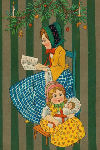 Christmas postcard with two seated girls Black Ornate Wood Framed Art Print with Double Matting by Missouri History Museum