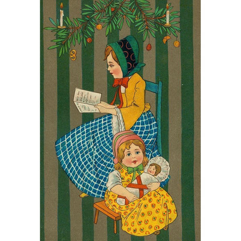 Christmas postcard with two seated girls Gold Ornate Wood Framed Art Print with Double Matting by Missouri History Museum