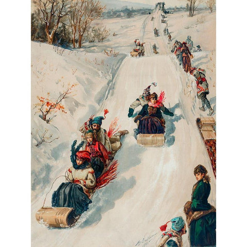 Tobogganing Black Modern Wood Framed Art Print with Double Matting by L. Prang & Co