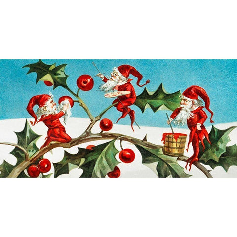 Santa elves painting berries on holly leaves Black Modern Wood Framed Art Print with Double Matting by Wallach, Miriam and Ira D