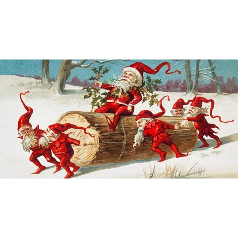 Santa elves sliding on a log Gold Ornate Wood Framed Art Print with Double Matting by Wallach, Miriam and Ira D