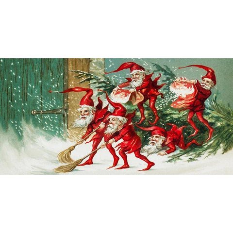 Santa elves sweeping snowÂ  Gold Ornate Wood Framed Art Print with Double Matting by Wallach, Miriam and Ira D