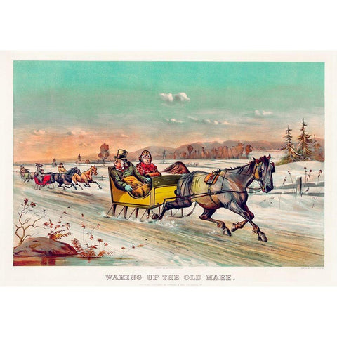 Waking up the old mare White Modern Wood Framed Art Print by Currier & Ives