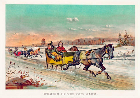 Waking up the old mare Black Ornate Wood Framed Art Print with Double Matting by Currier & Ives