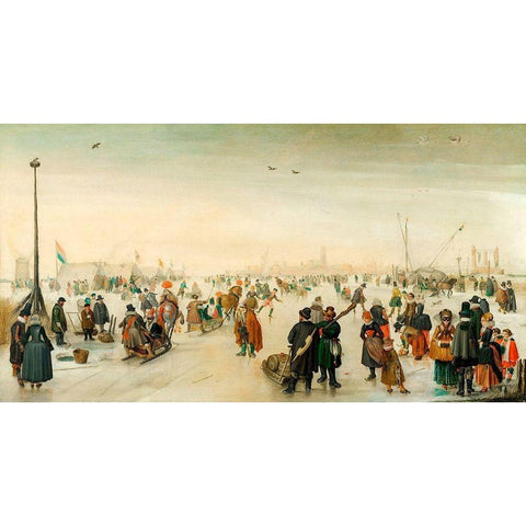 Enjoying the Ice near a Town Gold Ornate Wood Framed Art Print with Double Matting by Avercamp, Hendrick