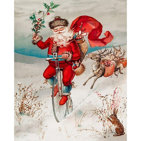 Santa Claus on a penny farthing Gold Ornate Wood Framed Art Print with Double Matting by Wallach, Miriam and Ira D