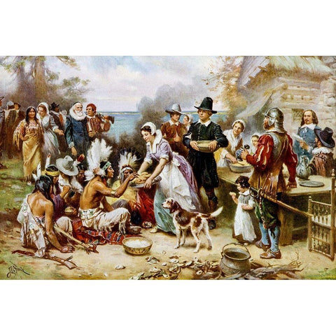 The First Thanksgiving, 1621 White Modern Wood Framed Art Print by Ferris, Jean Leon Gerome