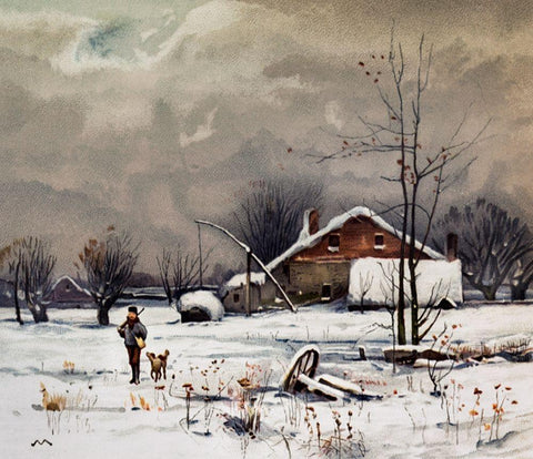 Winter Landscapes Hunter White Modern Wood Framed Art Print with Double Matting by L. Prang & Co