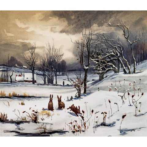 Winter Landscapes Rabbits Black Modern Wood Framed Art Print with Double Matting by L. Prang & Co