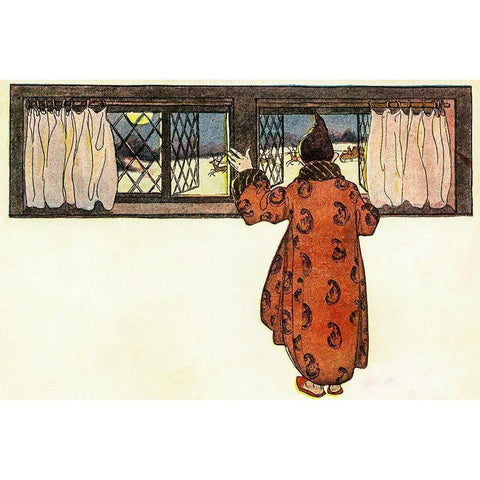 Man Looking out the Window to See Christmas Reindeer Carriage Black Modern Wood Framed Art Print with Double Matting by Smith, Jessie Wilcox