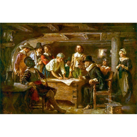 The Mayflower Compact-1620 Black Modern Wood Framed Art Print with Double Matting by Ferris, Jean Leon Gerome