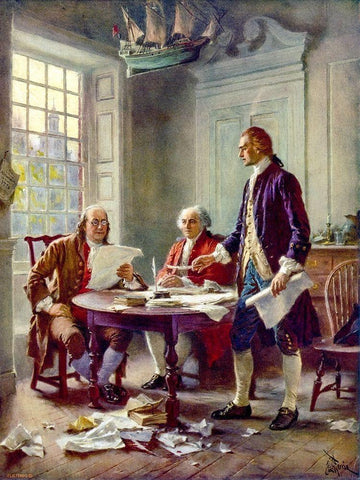 Writing the Declaration of Independence-1776 White Modern Wood Framed Art Print with Double Matting by Ferris, Jean Leon Gerome