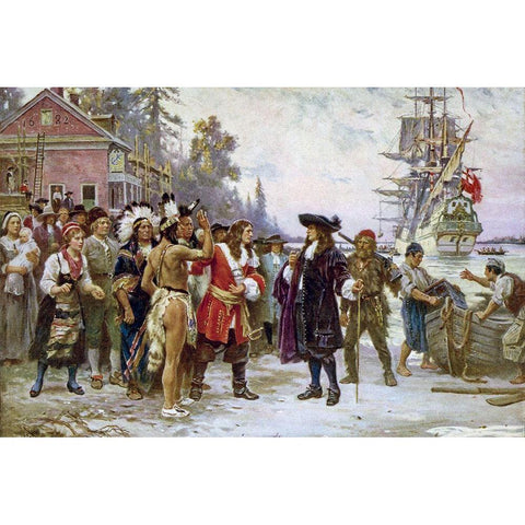 The Landing of William Penn Black Modern Wood Framed Art Print with Double Matting by Ferris, Jean Leon Gerome