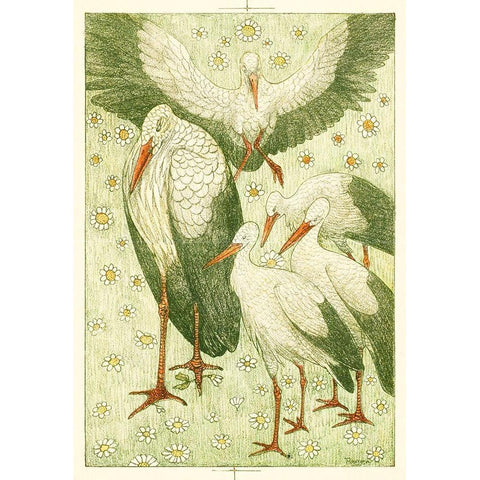 Five storks in a meadow Gold Ornate Wood Framed Art Print with Double Matting by Hoytema, Theo van